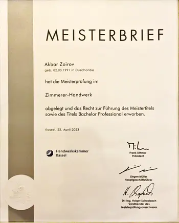 Meisterbrief der Handwerkskammer Kassel im Zimmerer-Handwerk für Akbar Zoirov