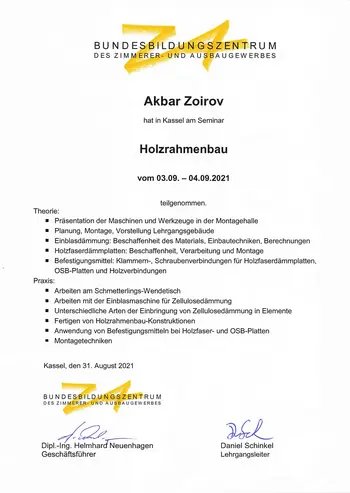 Fortbildungsbescheinigung Holzrahmenbau des Bubiza in Kassel für Akbar Zoirov