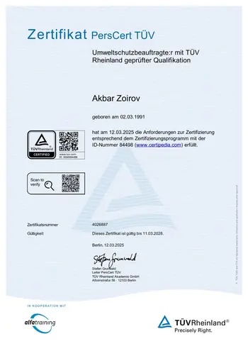 Zertifikat des TÜV Rheinland zum Umwektschutzbeauftragten für Akbar Zoirov