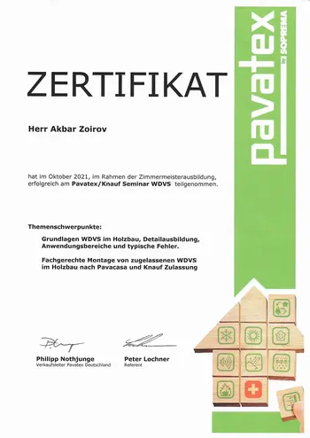 Fortbildungsbescheinigung für Pavatex/Knau Seminar WDVS für Akbar Zoirov