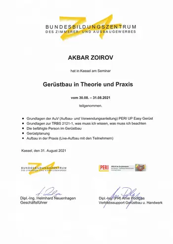 Fortbildungsbescheinigung Gerüstbau in Theorie und Praxis des Bubiza in Kassel von Akbar Zoirov